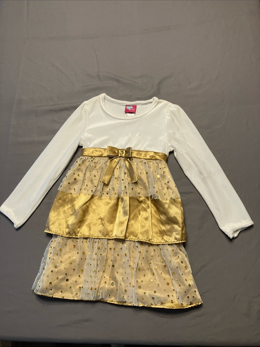 Girls White and Gold Tiered Party Dress with Bow Accent